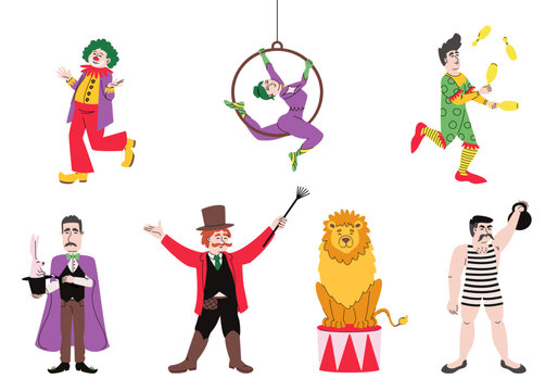 Set of different circus characters. People doing show in doodle style.