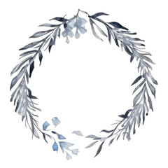 Fototapeta na wymiar blue and grey watercolor floral frame for wedding invitation