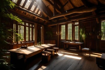 In the heart of an ancient forest, a room adorned with wooden textures exudes a timeless charm. The sunlight streams through the dense foliage