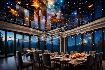 Witness a Stargazing Thanksgiving, where a Transparent Smart Ceiling. - obrazy, fototapety, plakaty