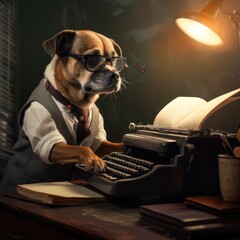 portrait of smart dog wearing suitcase and glasses typing on a typewriter - obrazy, fototapety, plakaty