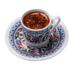 Turkish coffee mug, traditional beautiful coffee plate cups, Ottoman pattern, png background, png isolated, white, vintage, old mug, top view, full drink, foam, tle pattern.