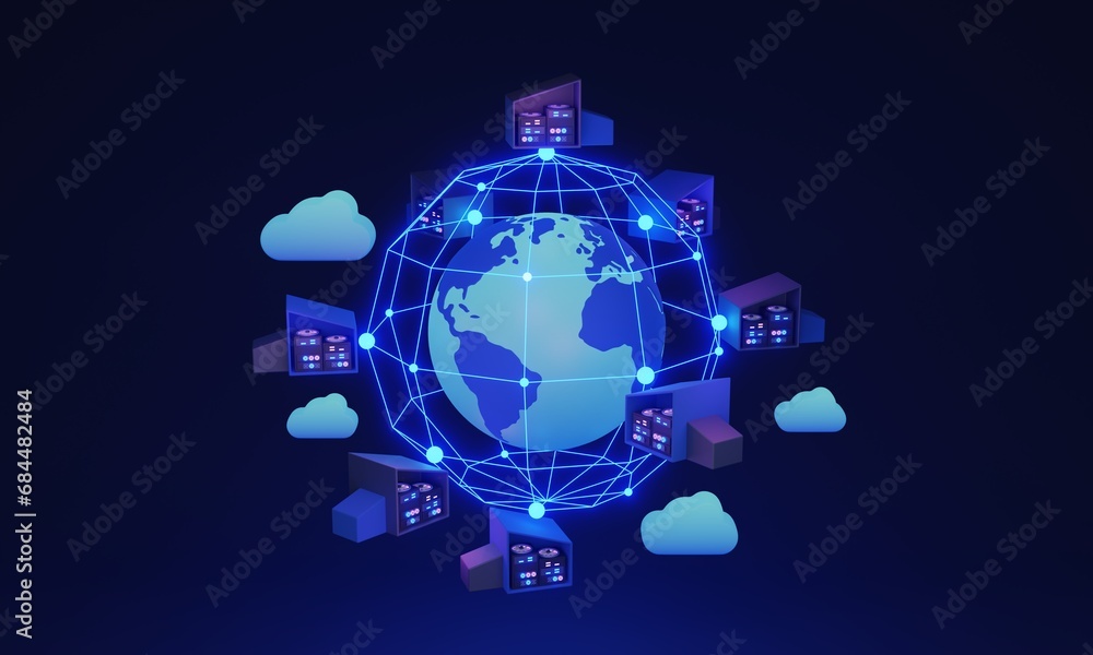 Poster global data centers and digital network connection 3d illustration concept