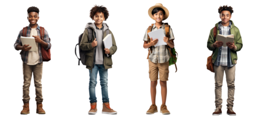 Set of Portrait of little boy student happy smiling standing holding a book and carrying a school bag, Full body isolated on white background, png
