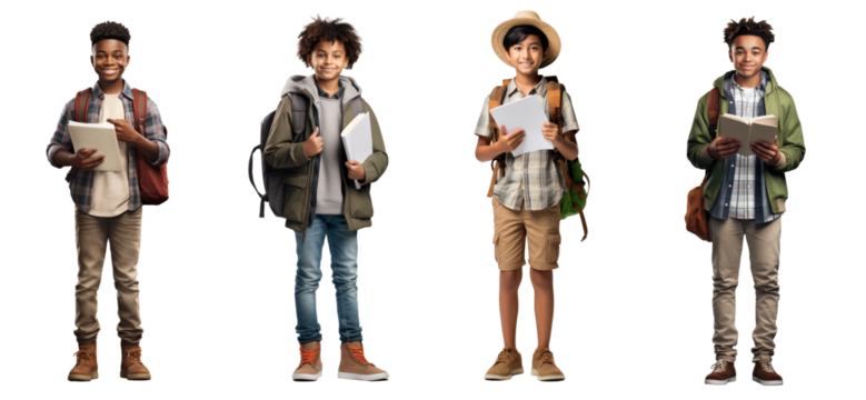 Set of Portrait of little boy student happy smiling standing holding a book and carrying a school bag, Full body isolated on white background, png