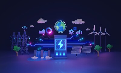 Smart grid and effective electricity distribution in 3D illustration concept