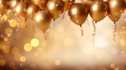 golden christmas background, Golden color ballons with string blowing in air , Golden ballons haging in air , Christmas background  - obrazy, fototapety, plakaty