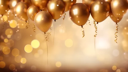 Fotobehang golden christmas background, Golden color ballons with string blowing in air , Golden ballons haging in air , Christmas background  © Microtech