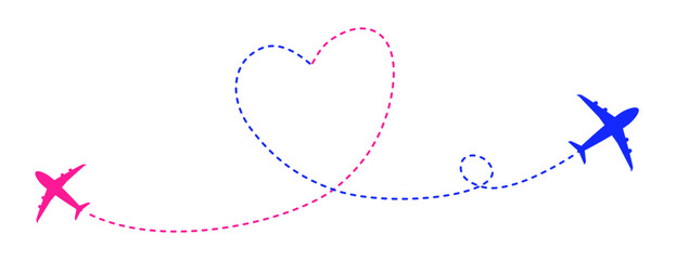 Two airplanes route in dash line heart shape. Vector Illustration