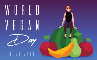 World vegan day poster, pretty woman sitting on a pile of fresh fruits, watermelon, apples, vector natural healthy food