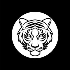 A Tiger head logo in white circle, in the style of black and white art. Illustration on black background. Symmetrical design