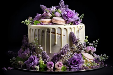 An image capturing the beauty of a floral-themed isolated birthday cake, adorned with edible flowers and delicate icing, creating an elegant and celebratory dessert.