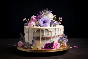 An image capturing the beauty of a floral-themed isolated birthday cake, adorned with edible flowers and delicate icing, creating an elegant and celebratory dessert.