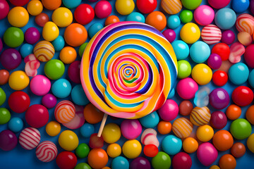 Fototapeta na wymiar Colorful lollipops and different colored round candy. generative ai.