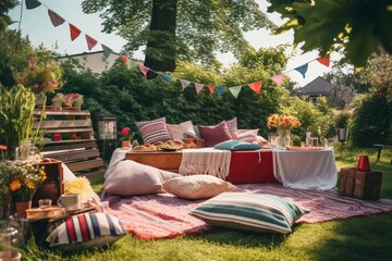 An image of a backyard birthday party with a picnic setup, featuring a colorful blanket, snacks, and cheerful decorations, creating a laid-back and enjoyable atmosphere.