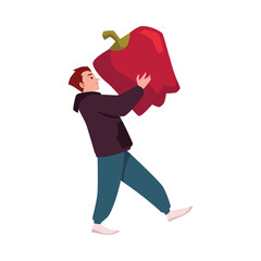 Vegan man carrying a giant pepper vegetable flat vector illustration isolated.