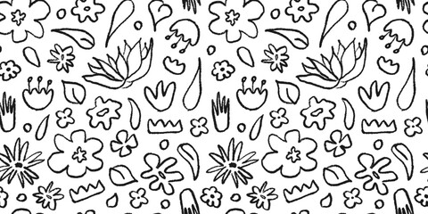 Seamless pattern hand drawn in black brush linear flowers. Abstract modern background with plants