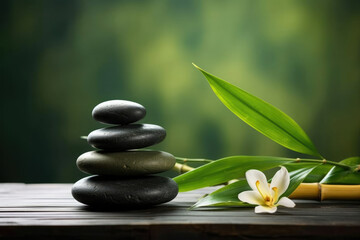 Obraz na płótnie Canvas Zen stones wellness background relaxation spa rock concept green therapy leaf