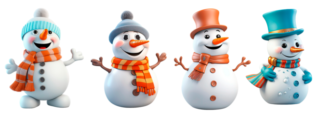 a set of 3D characters of the Christmas winter snowman, highlighted on a transparent background. A smiling snowman. Happy Snowman with gift box