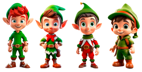set of Christmas elf 3d character Isolated on transparent background. Smiling elf. Happy elf with gift