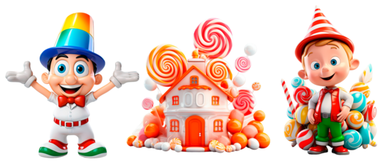 a set of birthday clowns in png 3d format, isolated on a transparent background. A festive element for greeting cards, banners, invitations, flyers, stickers. Children's holiday symbol