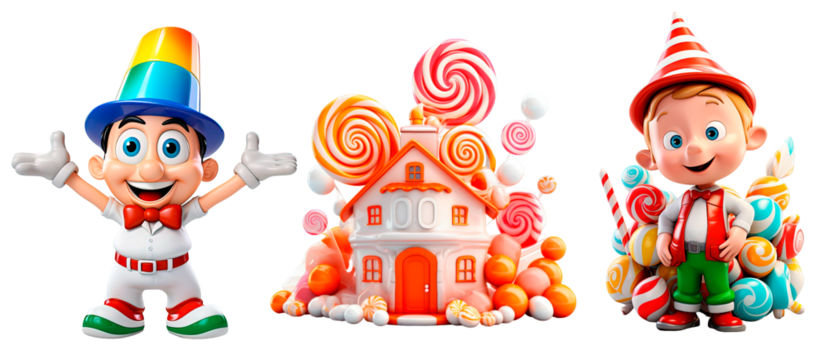 a set of birthday clowns in png 3d format, isolated on a transparent background. A festive element for greeting cards, banners, invitations, flyers, stickers. Children's holiday symbol - Powered by Adobe