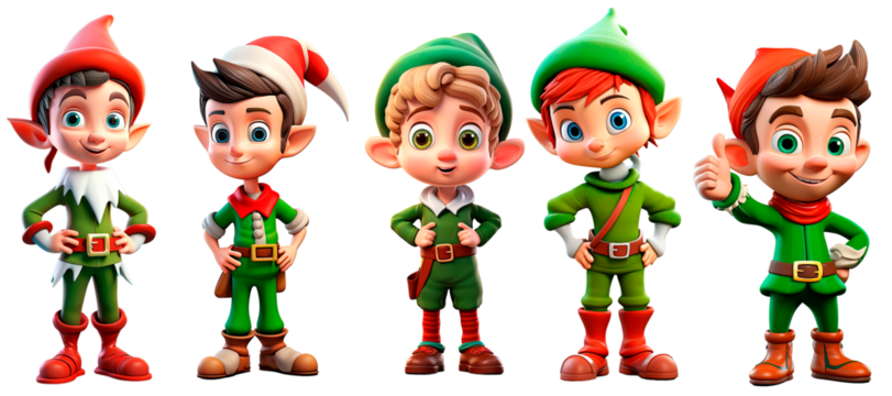 set of Christmas elf character Isolated on transparent background. Smiling elf. Happy elf with gift
