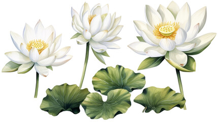 Fototapeta premium White lotus set, watercolor botanical illustration Hand-drawn floral illustration isolated on a white background isolated on white or transparent background