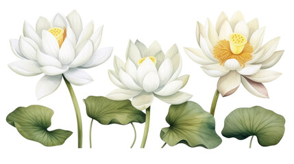 White lotus set, watercolor botanical illustration Hand-drawn floral illustration isolated on a white background isolated on white or transparent background