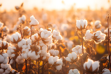 Cotton field background ready for harvest under a golden sunset macro close ups of plants. generative ai. - obrazy, fototapety, plakaty