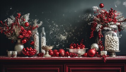 Christmas decoration background with red baubles, vases, flowers on a cupboard and a green wall