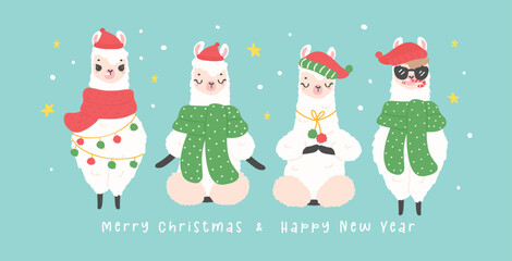 Cute Christmas llamas with hat greeting card banner in winter theme, kawaii Happy New Year cartoon Animal hand drawing illustration