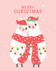 cute Christmas llamas winter theme cartoon hand drawing for festive card illustration