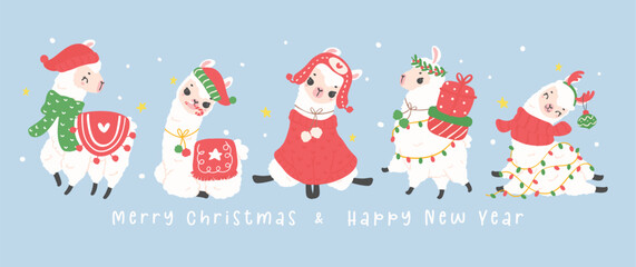 Cute Christmas llamas greeting card banner in winter theme, kawaii Happy New Year cartoon Animal hand drawing illustration