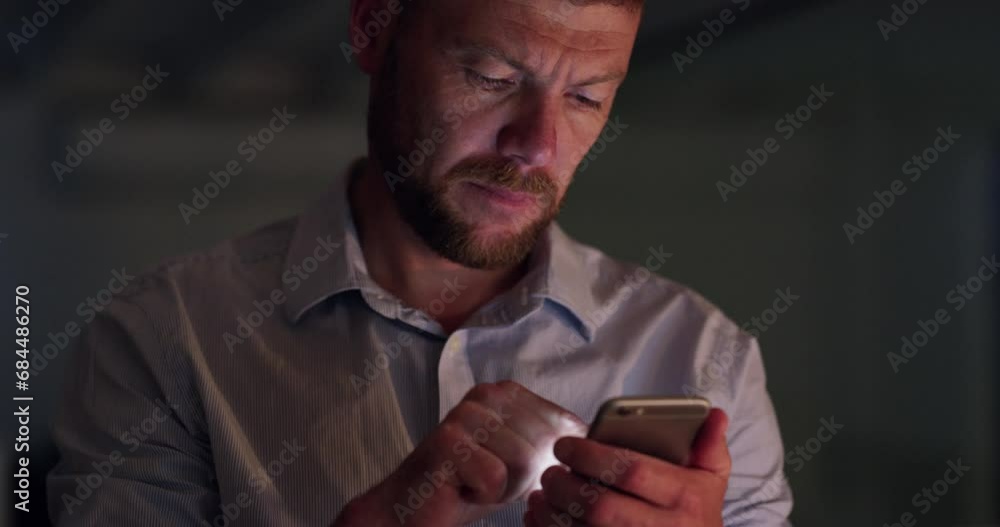 Poster night at work, businessman with smartphone and search online for email, website or social media post