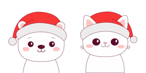 Merry Christmas bear, cat set. Red Santa Claus hat. White polar bear, kitten. Contour line doodle pet. Smiling face. Kawaii baby animal. Cute cartoon funny character. Flat design. White background.