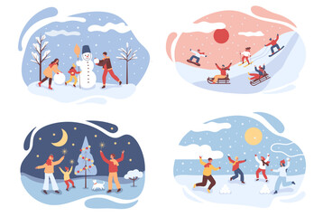 Winter fun, family outdoors. Winter holidays, active people, children. Family makes a snowman and celebrates Christmas. Children sled, snowboard, and ski.