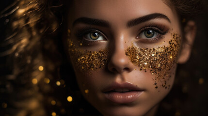 Close up portrait of an elegant  woman with gold flakes and glitter on her face - obrazy, fototapety, plakaty