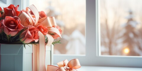 Close up of present box with red bow and flowers on table in front of window.