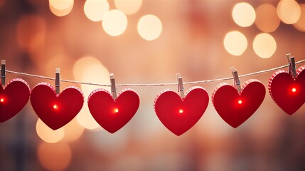 Red hearts hang on wooden clothes pegs on a string. Happy Valentine's Day with bokeh lights in the background - obrazy, fototapety, plakaty
