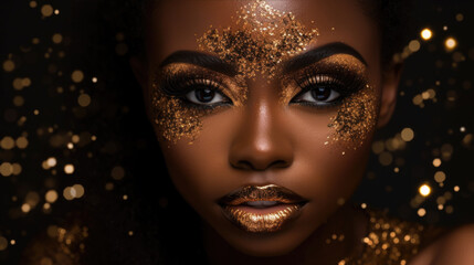 Close up portrait of an elegant  woman with gold flakes and glitter on her face