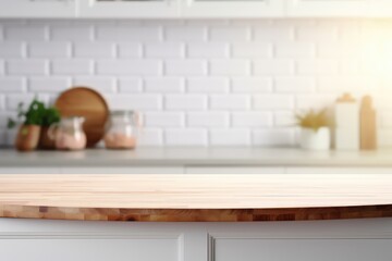 Fototapeta na wymiar Soft Focus Serenity: Warm Wooden Tabletop against a Blurred Kitchen Backdrop
