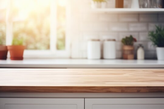 Soft Focus Serenity: Warm Wooden Tabletop against a Blurred Kitchen Backdrop