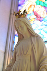 Close up of Statue of Our lady of grace virgin Mary in the church, Thailand. selective focus.
