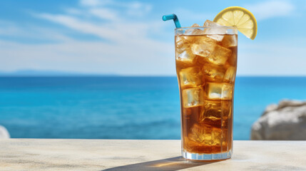 Summer cocktails, sea resort concept. Glass of iced tea. Long island cocktail on tropical beach