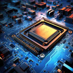 Glowing modern processor. Big illuminated graphic processor surrounding by other electrical components
