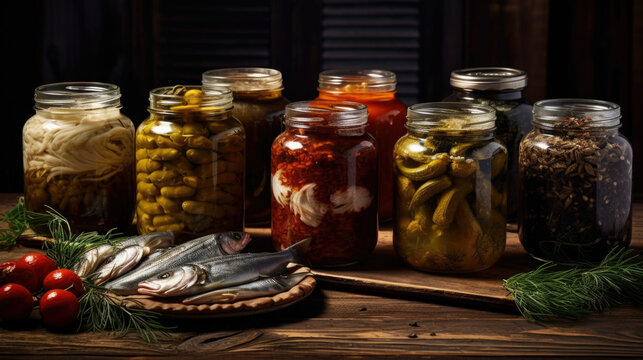 Fish pieces preserved in a jar and whole fish