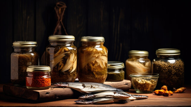 Fish pieces preserved in a jar and whole fish
