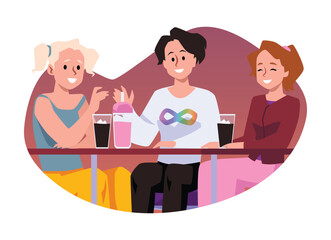 Cheerful girls in a cafe, flat cartoon vector illustration on white