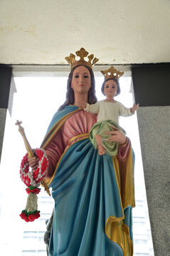Statue of Our lady and child Jesus in catholic church, Thailand. selective focus